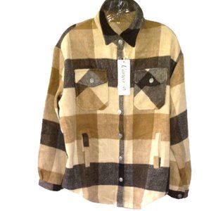 Flannel Plaid Shirt/Jacket Button Down Sz Small Fall brown-beige Pockets Women